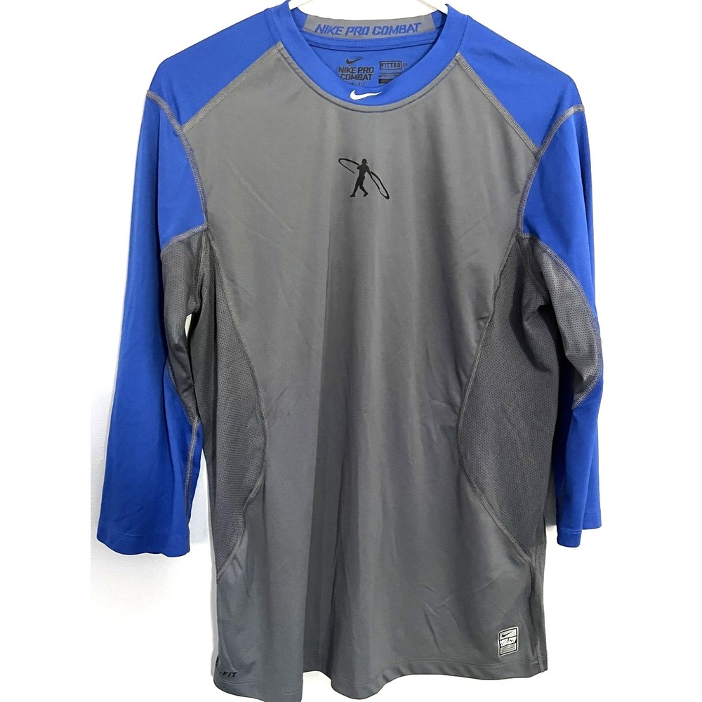 Nike Pro Combat Shirt Men L Gray Blue DriFit Fitted Training Base Layer Baseball